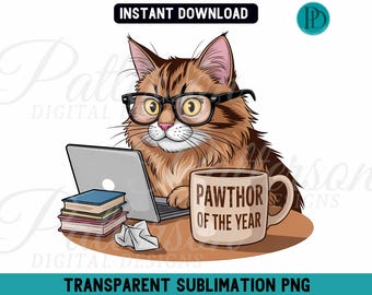 Pawthor of the Year PNG, Funny Writer Cat Sublimation Clipart (Digital Download)