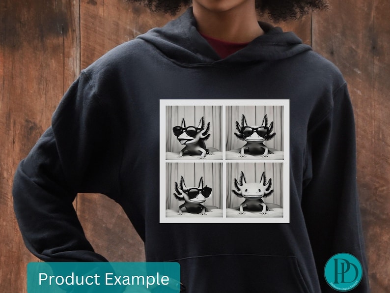 May include: Black and white graphic print of four axolotls wearing sunglasses on a black hoodie. The axolotls are in a grid pattern with each axolotl facing forward.