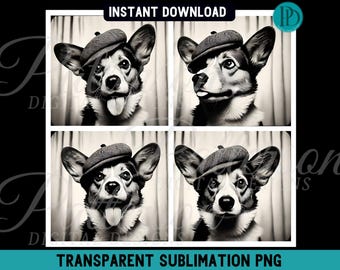 Funny Corgi PNG, Photobooth Animal for Retro Graphic Tee Photo Booth Shirt Clipart Cute Pembroke Corgi Dog French Beret Hat, Vintage Film