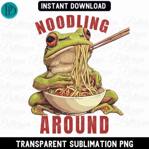Sapo de macarrão PNG para amantes de Ramen, sapo engraçado Kawaii comendo Ramen, clipart, presente para amantes de macarrão, sapo de desenho animado com hashis, sublimação