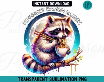 Midnight Ramen Raider PNG, Funny Raccoon Noodle Sublimation Clipart (Digital Download)