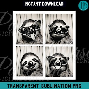 Puede incluir: Un collage digital de cuatro imágenes con un perezoso usando gafas de sol. Cada imagen está enmarcada en un borde blanco de estilo cabina de fotos. El perezoso lleva gafas de sol diferentes en cada imagen.