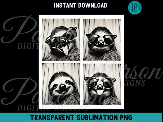 Funny Sloth PNG, Photobooth Animal for Retro Graphic Tee Photo Booth 3 Toed Sloth Shirt Clipart Cute Sunglasses Sloth, Vintage Film Style