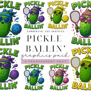 Pickleball Bundle Clip Art PNG Sublimation Design Set Featuring Funny Pickle Characters with Coquette Bows, Pickle ball Lover DIY Crafts