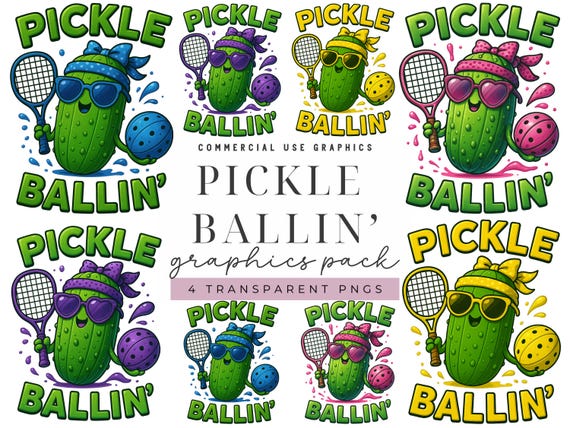 Pickleball Bundle Clip Art PNG Sublimation Design Set Featuring Funny Pickle Characters with Coquette Bows, Pickle ball Lover DIY Crafts