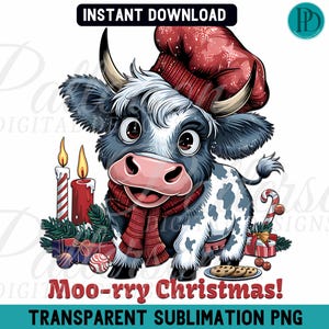Moo-rry Christmas Highland Cow PNG, Cute Holiday Cow Clipart, Festive Farm Animal, Funny Christmas Cow Art, Transparent Sublimation Graphic