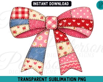 Patchwork Coquette Bow PNG, Pink Quilted Valentine Clipart, Rustic Cottagecore Design, Love Ribbon Graphic, Country Transparent Sublimation