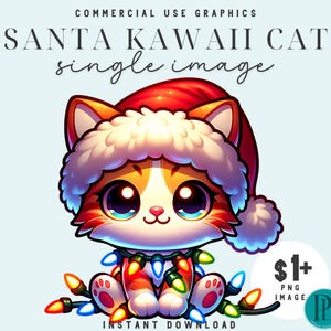 Weihnachten Kawaii Katze PNG, süßes Kitty in der Weihnachtsmütze mit Weihnachtslichtern, entzückende Katze Clipart für Feiertags-Grafiksublimations-Digitalkunst