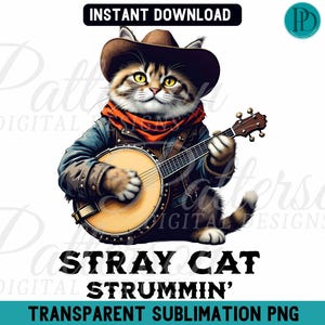 Chat errant Strummin Cowboy Cat jouant du banjo PNG Transparent, Clipart drôle de chat occidental, conception de sublimation de mélomane, art numérique de pays