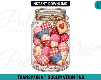 Patchwork Hearts PNG, Mason Jar Valentine's Day Clipart Sublimation, Rustic Pink Heart Graphic, Red Cottagecore Design, Transparent File