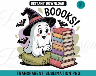 Ghost Reading Books PNG, Spooky Bookworm Halloween Sublimation Design (Digital Download)