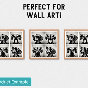 May include: Three framed prints of a black and white illustration of a dachshund wearing sunglasses. Each print features six different poses of the dog.