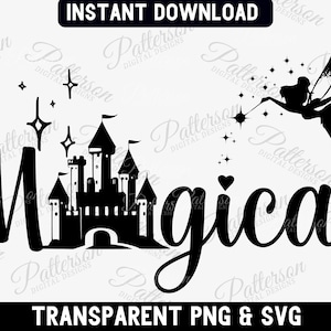 May include: Black and white silhouette design of a castle, a fairy with a wand, and the word "Magical".