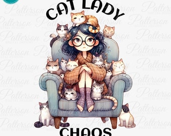 Cat Lady Chaos PNG for Cat Mom, Cat Lover Sticker, Funny Crazy Cat Lady Clipart, Cat Lover Mug Sublimation, Transparent Cat Graphic for Mama
