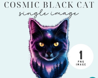 Kosmisk svart katt Clipart: Mystisk rymdkitty PNG (digital nedladdning)