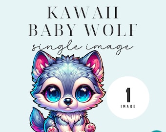 May include: Kawaii Baby Wolf single image digital download. A cartoon illustration of a cute baby wolf with big blue eyes and pink ears. The wolf is sitting on a light blue background.