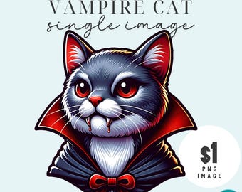 Vampire Cat with Cape and Fangs Halloween Gothic-Themed Transparent PNG Sublimation Graphic for Stickers, T-Shirts, Mugs, and Printable