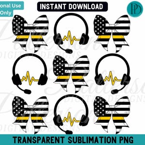 Puede incluir: Seis diseños digitales que presentan un lazo blanco y negro con una raya amarilla, unos auriculares negros con un micrófono y un gráfico de latido del corazón amarillo. Los diseños están sobre un fondo transparente.