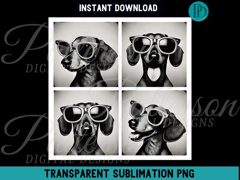 Four black and white images of a dachshund wearing sunglasses. The images are arranged in a grid of two rows and two columns. The dachshund is looking at the camera in each image. The text 'INSTANT DOWNLOAD' is at the top of the image. The text 'TRANSPARENT SUBLIMATION PNG' is at the bottom of the image.