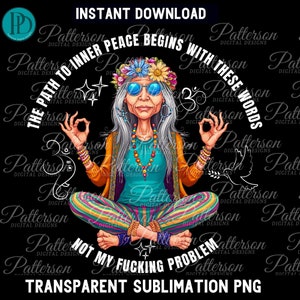 La paz interior comienza con estas palabras. Clipart divertido de yoga. Mujer bohemia meditando colorida. Descarga instantánea PNG para sublimación de camisetas y regalos.