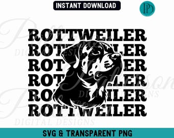 May include: Black and white silhouette of a Rottweiler dog's head with the word "ROTTWEILER" repeated five times in a stacked design.
