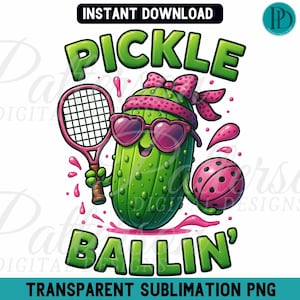 Funny Pickleball PNG Clipart for Sublimation, Pink Coquette Bow Pickle Character With Paddle and Ball Design for Players, Pickle Pun Graphic