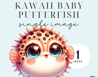 Kawaii Baby Pufferfish Clipart Graphic, Fish Nursery Decor Commercial Use, Shower Decoration Sublimation Art (Digital Download)