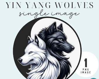 Yin Yang deux loups PNG Clipart noir et blanc loup yoga Art graphique double têtes de loup Design Yin Yang équilibre loups mystiques amoureux des animaux