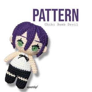 May include: A handmade crochet doll with purple hair, green eyes, and a black and white outfit. The doll has a chibi style and is labeled "Chibi Bomb Devil" with the word "PATTERN" above it. The artist's name, aquarisbyf, is at the bottom.