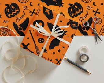 Halloween Doodle Wrapping paper sheets , Orange and Black, White and Black