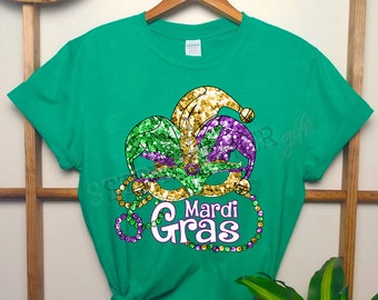 Mardi Gras Mask and Beads Shirt - Faux Sequin TShirt for Ladies, Sparkly - Mardi Gras Shirt PREORDER!!