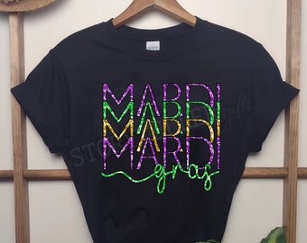 Mardi Gras Stacked Words - Faux Sequin TShirt for Ladies, Sparkly - Mardi Gras Shirt PREORDER!!