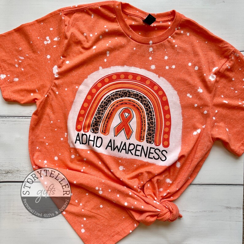 Bleached adhd Awareness Orange Rainbow Tshirt for Ladies, Bleached ...