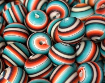 May include: A collection of colorful striped round beads. The beads are made of a smooth, glossy material and have a variety of colors, including teal, orange, white, and black.
