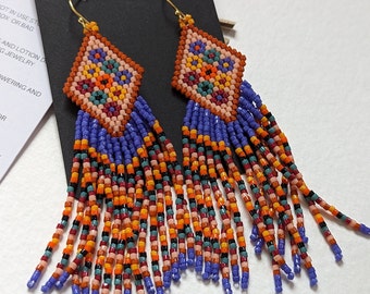 Autumn Florals long dangle earring.  Colorful fringe earrings.  Floral seed bead earrings.