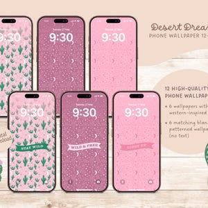 May include: A collection of six smartphones displaying pink and purple phone wallpapers with desert-themed designs. The wallpapers feature cacti, moons, and text like "Stay Wild" and "Wild & Free". The image also includes the text "Desert Dreams PHONE WALLPAPER 12-PACK".