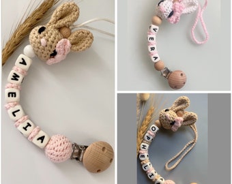 Personalised cotton bunny dummy clip | Baby girl first dummy chain | Newborn basket | Crochet soother holder