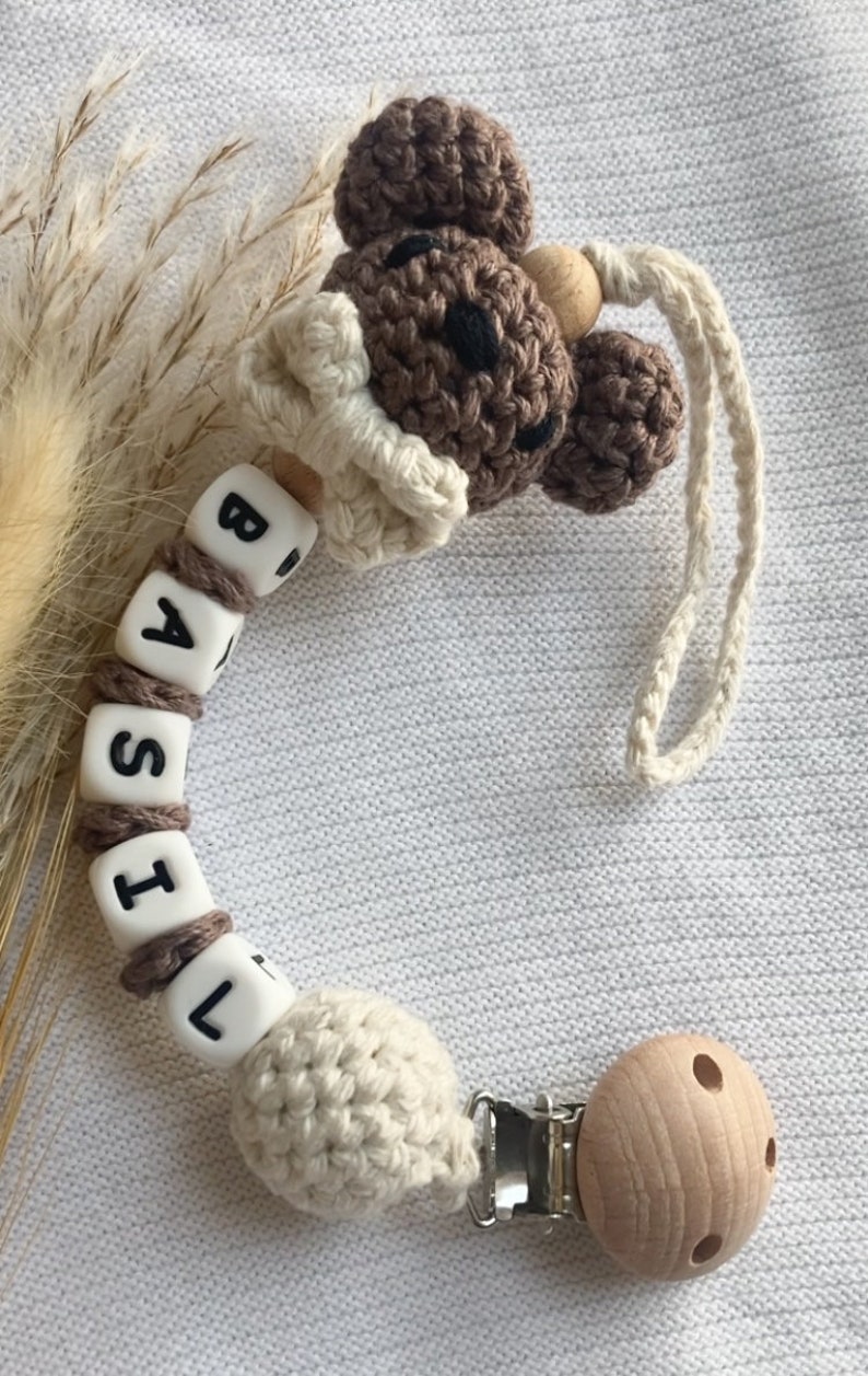 Personalised COTTON bear dummy clip Baby boy/girl bunny dummy chain Custom colours are available on special requests BASIL