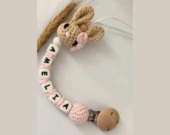 Personalised cotton bunny dummy clip | Baby girl first dummy chain | Newborn basket | Crochet soother holder