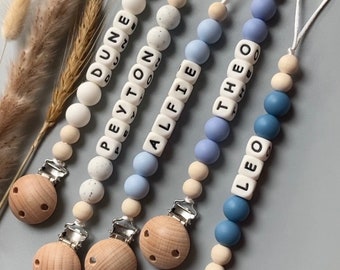 Personalised silicone dummy clip | Baby boy first dummy chain | Newborn basket