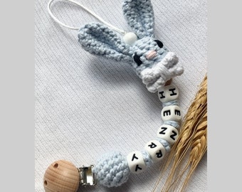 Personalised crochet bunny dummy clip | Baby boy/girl first dummy chain | Newborn basket | Unique soother holder