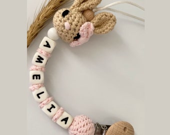 Personalised cotton bunny dummy clip | Baby girl first dummy chain | Newborn basket | Crochet soother holder