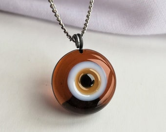 Evil Eye Necklace, Nazar Necklace, Brown Evil Eye Pendant, Glass Evil Eye Jewelry, Protection Necklace, Round Nazar Charm, Evil Eye For Gift