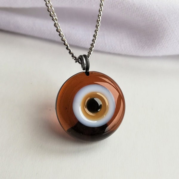 Evil Eye Necklace, Nazar Necklace, Brown Evil Eye Pendant, Glass Evil Eye Jewelry, Protection Necklace, Round Nazar Charm, Evil Eye For Gift