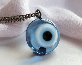 Blue Evil Eye Necklace, Unique Nazar Necklace, Evil Eye Pendant, Glass Evil Eye Choker Jewelry, Protection Necklace, Round Nazar Charm Gift