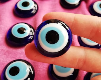 Evil Eye, Blue Evil Eye Cabochons, Nazar Boncuk, Evil Eye Supplies, Evil Eye Charm Beads, Glass Evil Eye Palm Stone for Protection, No Hole