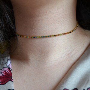 Diamond Choker Necklace and Bracelet, Colorful Shiny Chaton Choker, Crystal Fancy Jewelry, Summer Necklace, Gold Trendy Rhinestone Choker