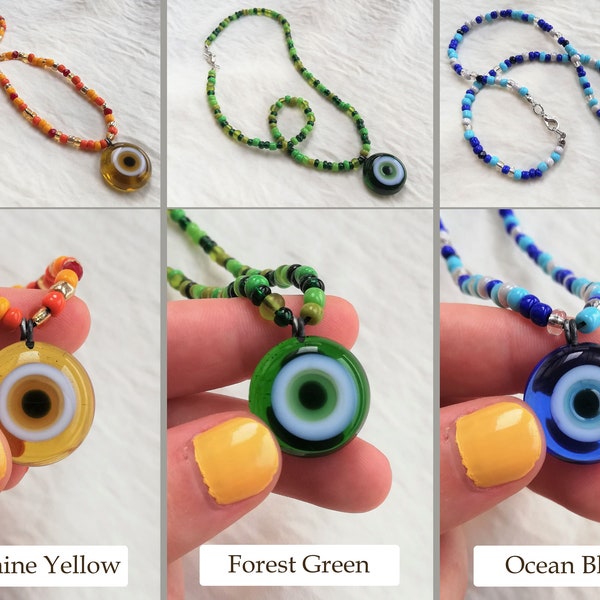 Evil Eye Necklace, Beaded Yellow Green Blue Nazar Necklace, Cute Glass Colorful Nazar Charm Pendant, Turkish High Quality Handmade Evil Eye