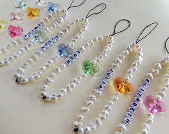 Pearl Phone Charm, Personalized Phone Strap, Heart Phone Chain, Pearl Beaded Phone Charm with Name, Pink Orange Yellow Green Blue Accessory