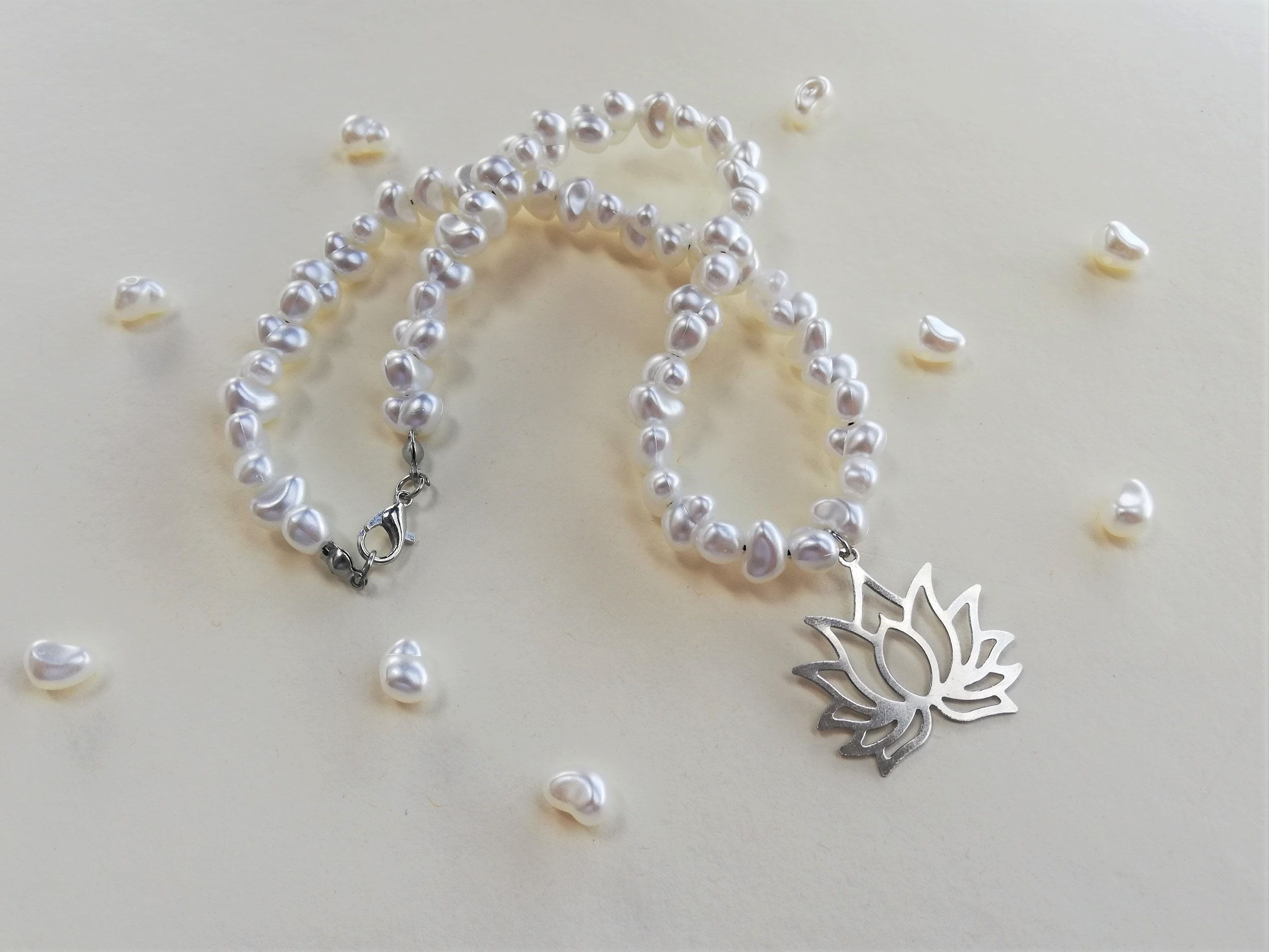 Lotus Necklace, Pearl Necklace, Large Lotus Flower Silver Charm Necklace, Elegant Big Mandala Jewelry Meditative Spiritual Chic Flower Plant